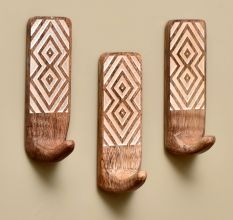 3 Pieces Brown Wooden No Drill Adheshive Wall Hooks